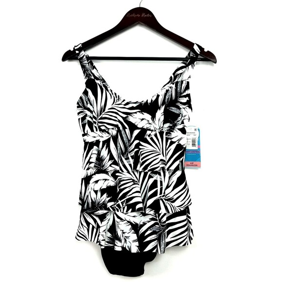 Swim Solutions Feather Bloom Black White Triple Tier One Piece Swimsuit Sz 8 - Picture 3 of 12